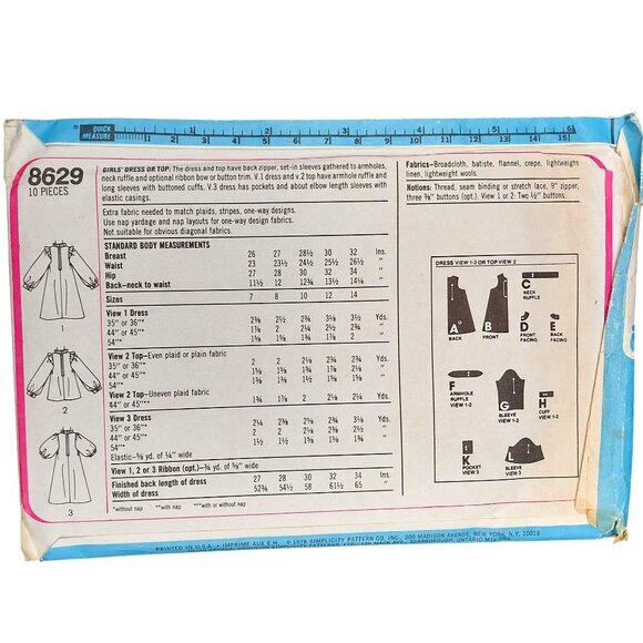 1970s Simplicity 8629 Vintage Sewing Pattern Girls Dress and Top Pants Size 12 - Picture 3 of 3
